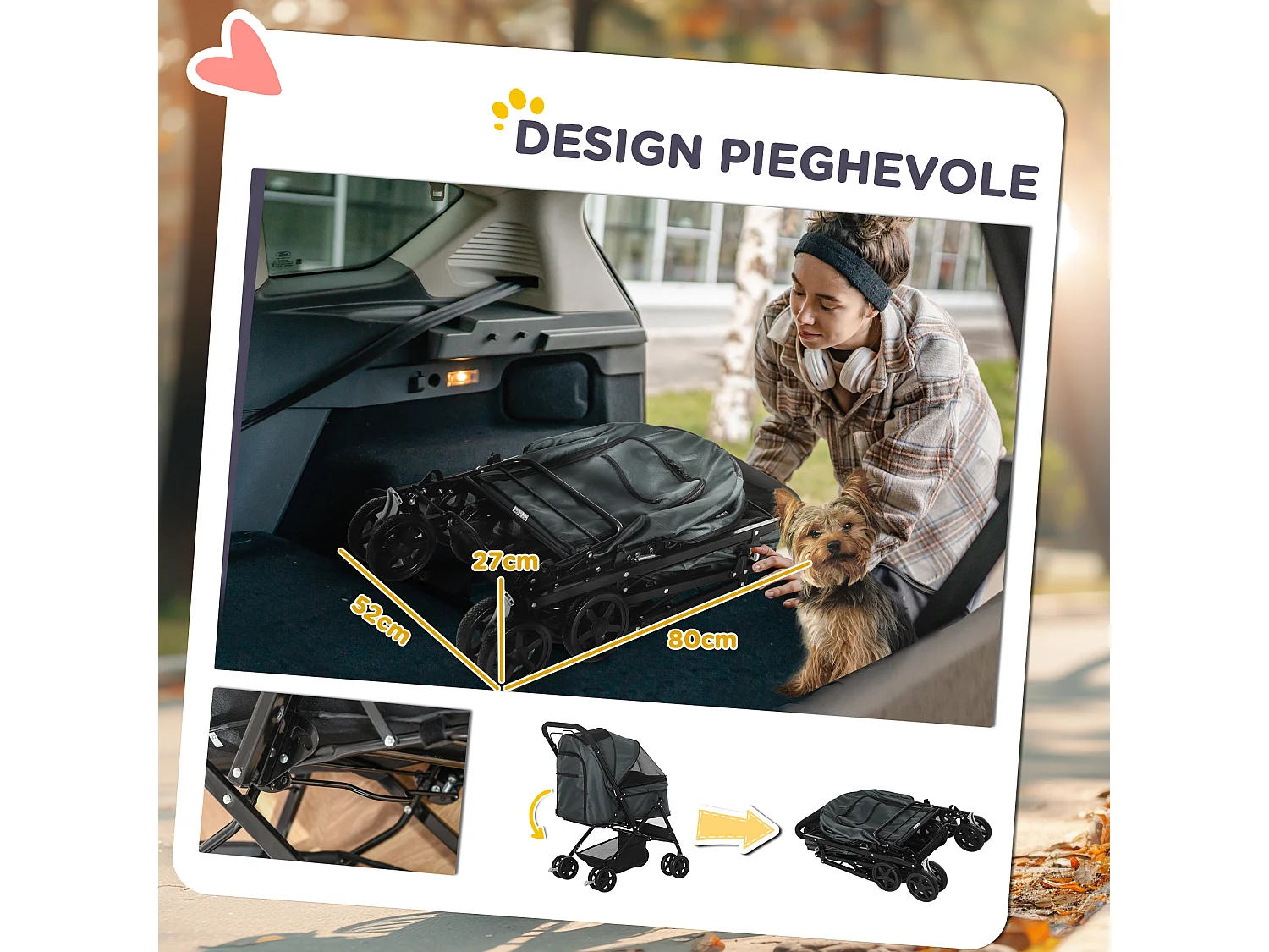 Passeggino per cani pieghevole con maniglione girevole e ruote in eva