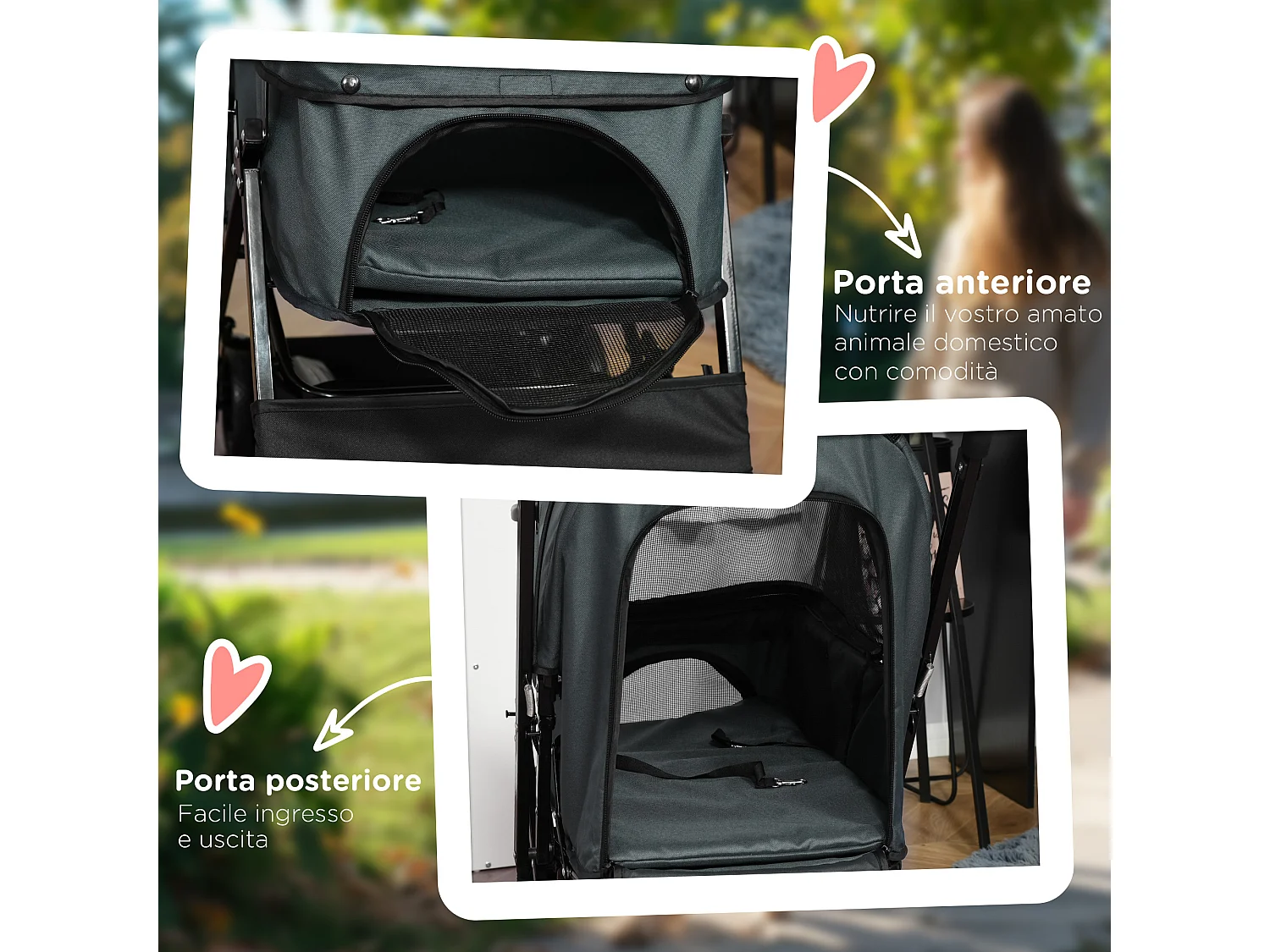 Passeggino per cani pieghevole con maniglione girevole e ruote in eva