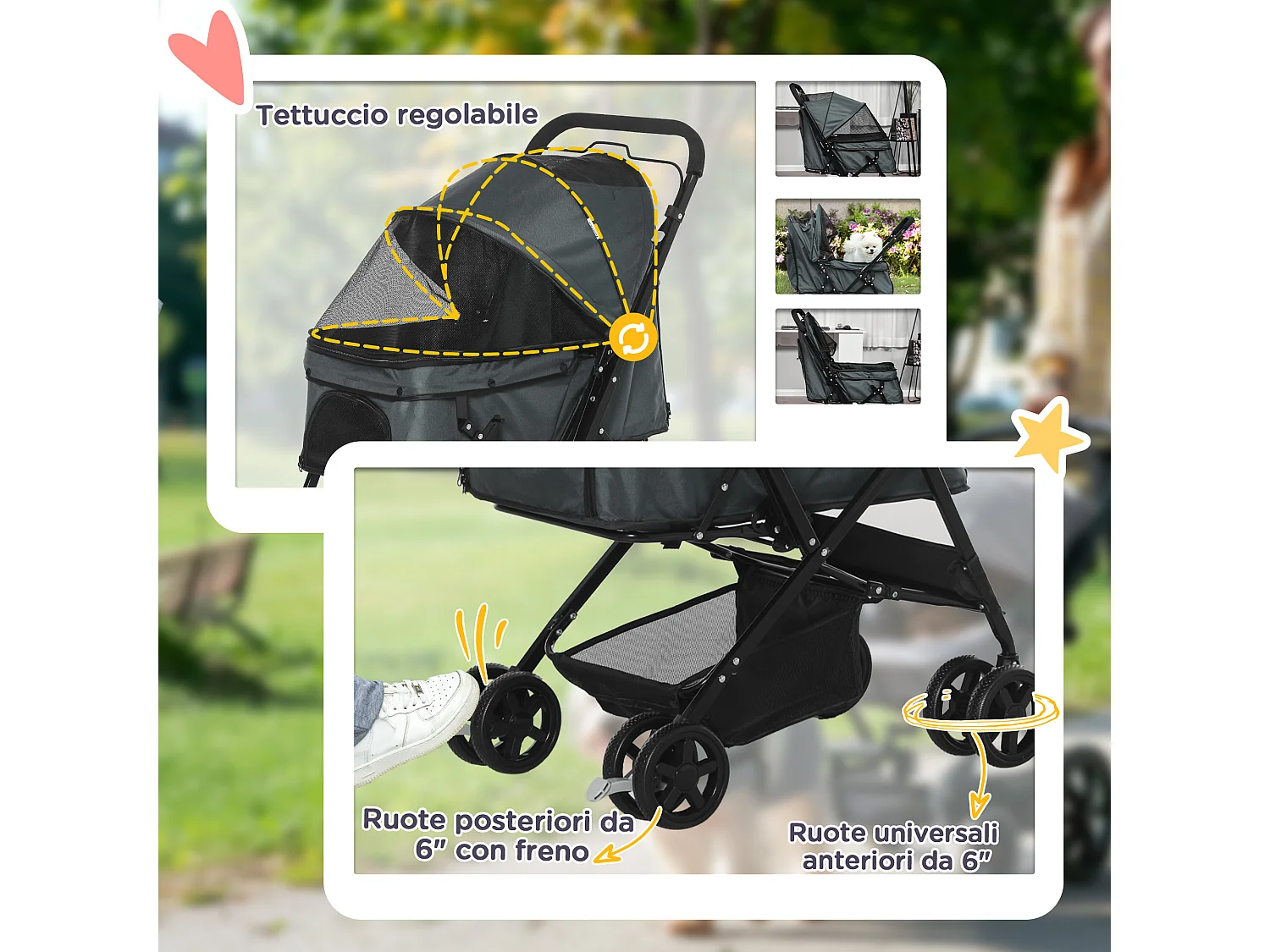 Passeggino per cani pieghevole con maniglione girevole e ruote in eva