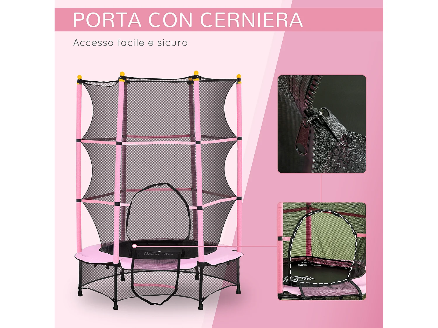 Tappeto elastico per bambini 3-10 anni e rete di sicurezza ø140cm rosa