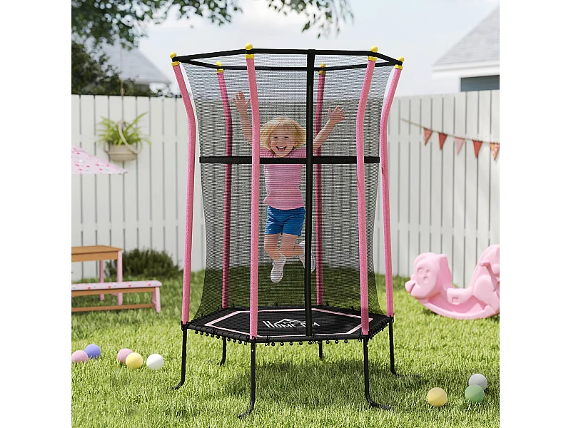 Tappeto elastico per bambini con ingresso a zip e pali imbottiti rosa