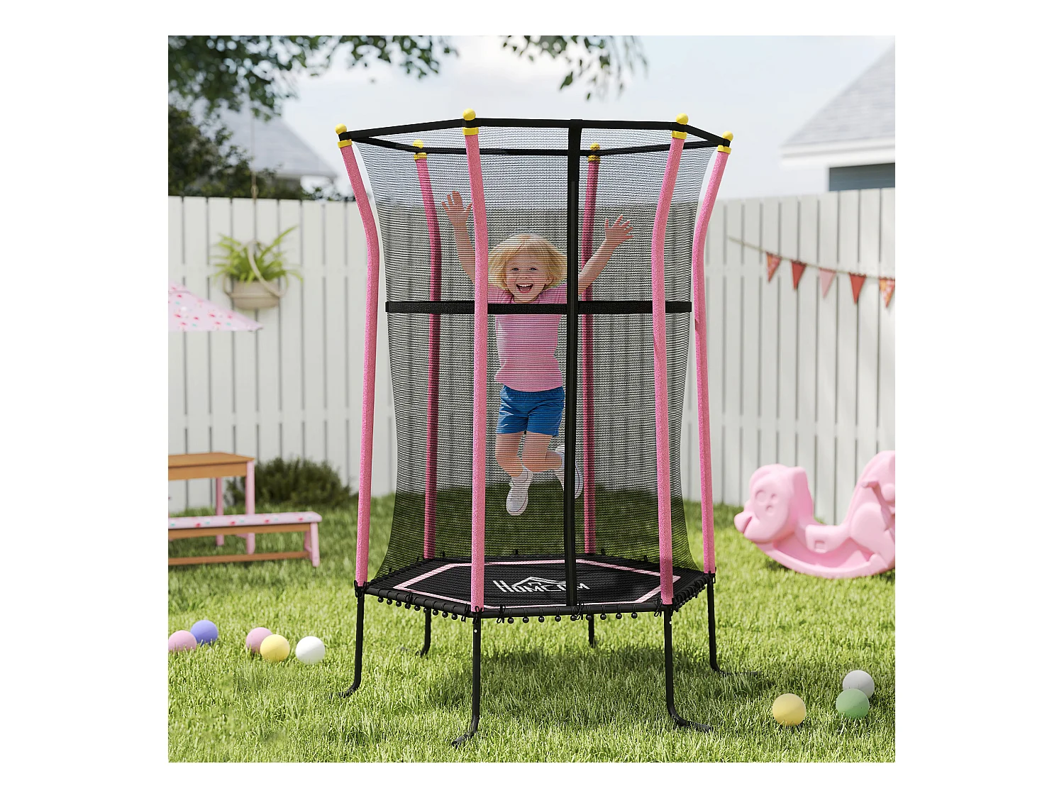 Tappeto elastico per bambini con ingresso a zip e pali imbottiti rosa