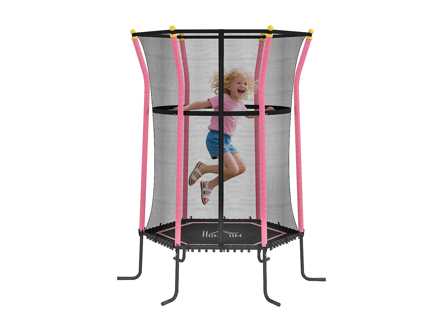 Tappeto elastico per bambini con ingresso a zip e pali imbottiti rosa