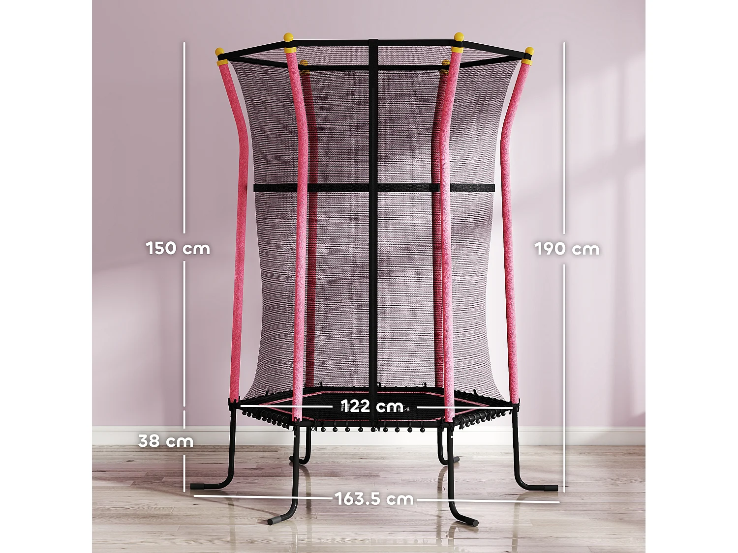 Tappeto elastico per bambini con ingresso a zip e pali imbottiti rosa