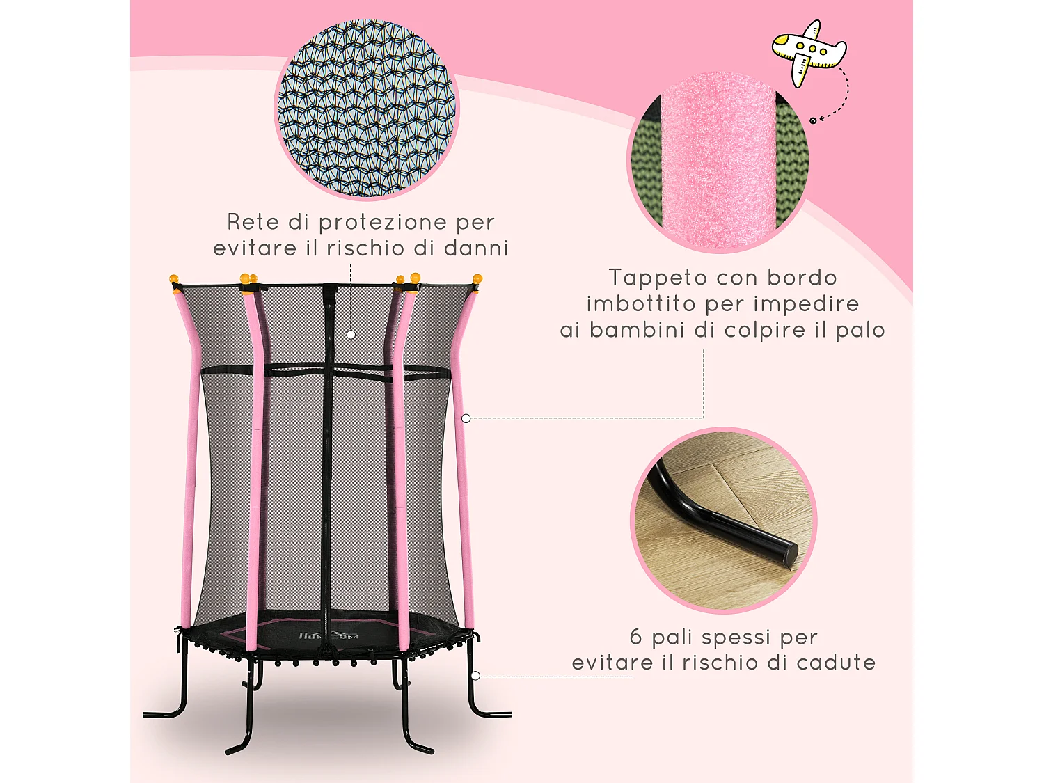 Tappeto elastico per bambini con ingresso a zip e pali imbottiti rosa