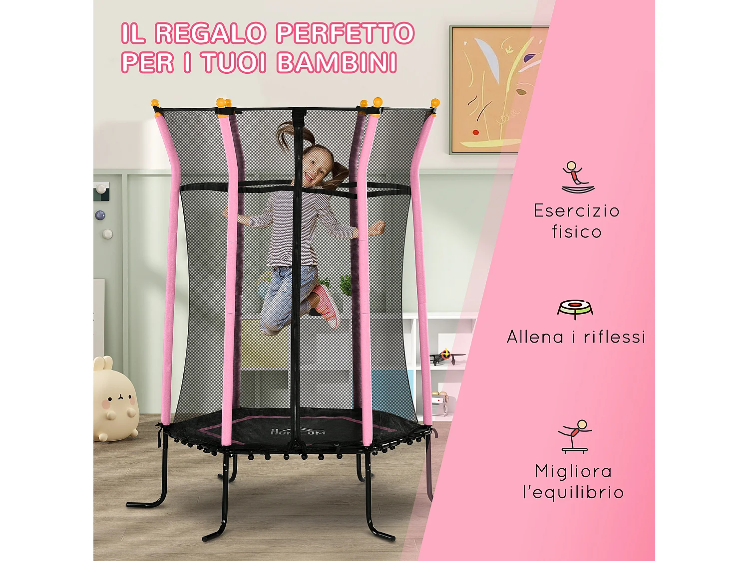 Tappeto elastico per bambini con ingresso a zip e pali imbottiti rosa