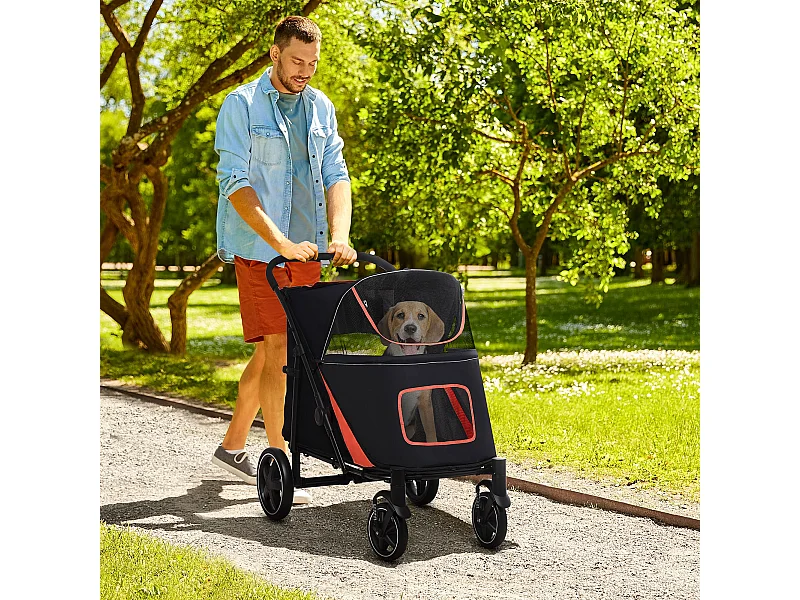 Passeggino per cani pieghevole con ingressi a cerniera rosso e nero