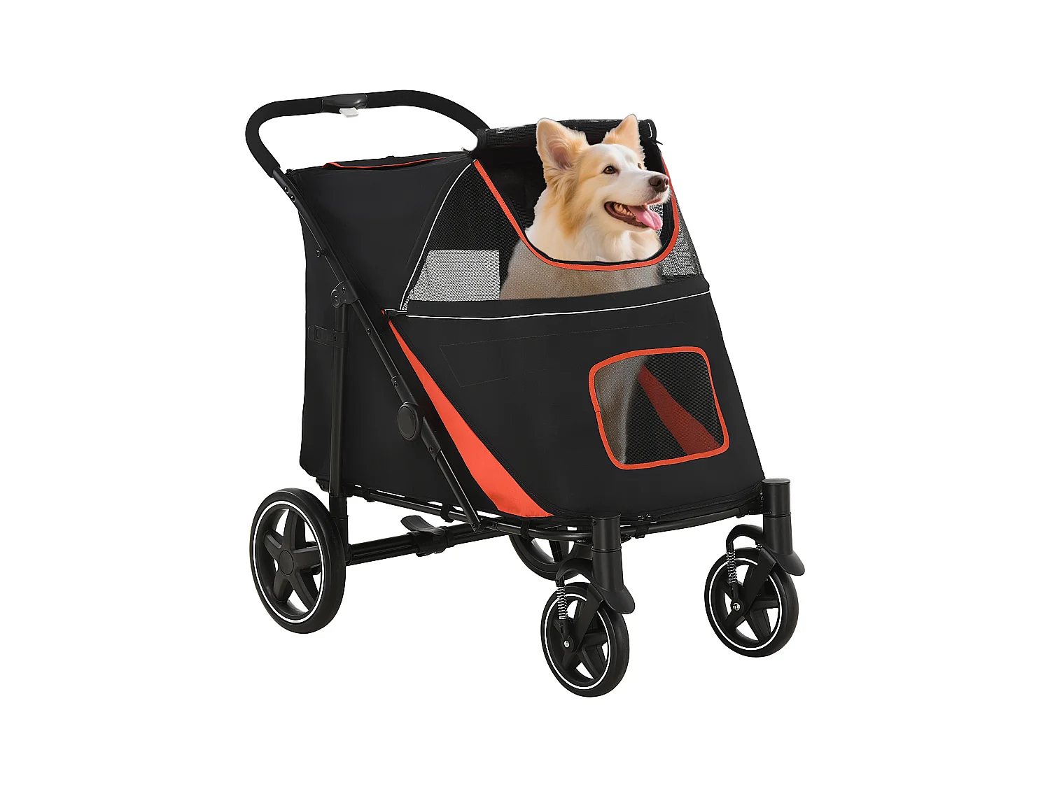 Passeggino per cani pieghevole con ingressi a cerniera rosso e nero