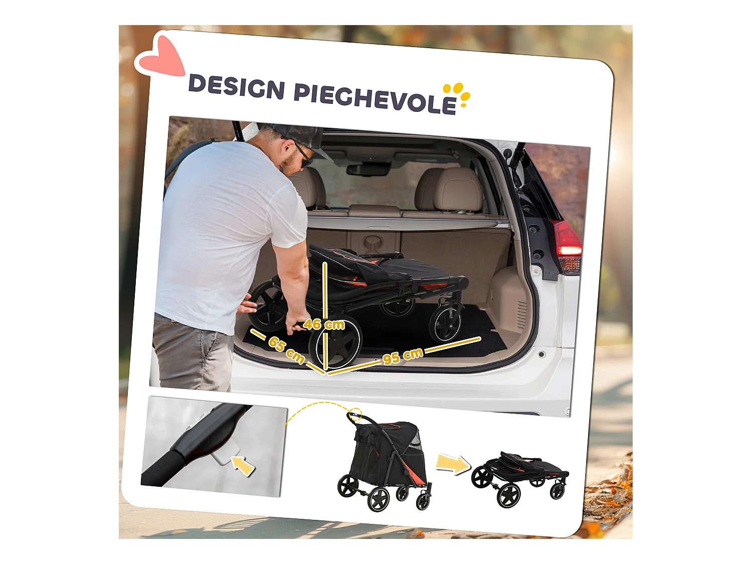 Passeggino per cani pieghevole con ingressi a cerniera rosso e nero