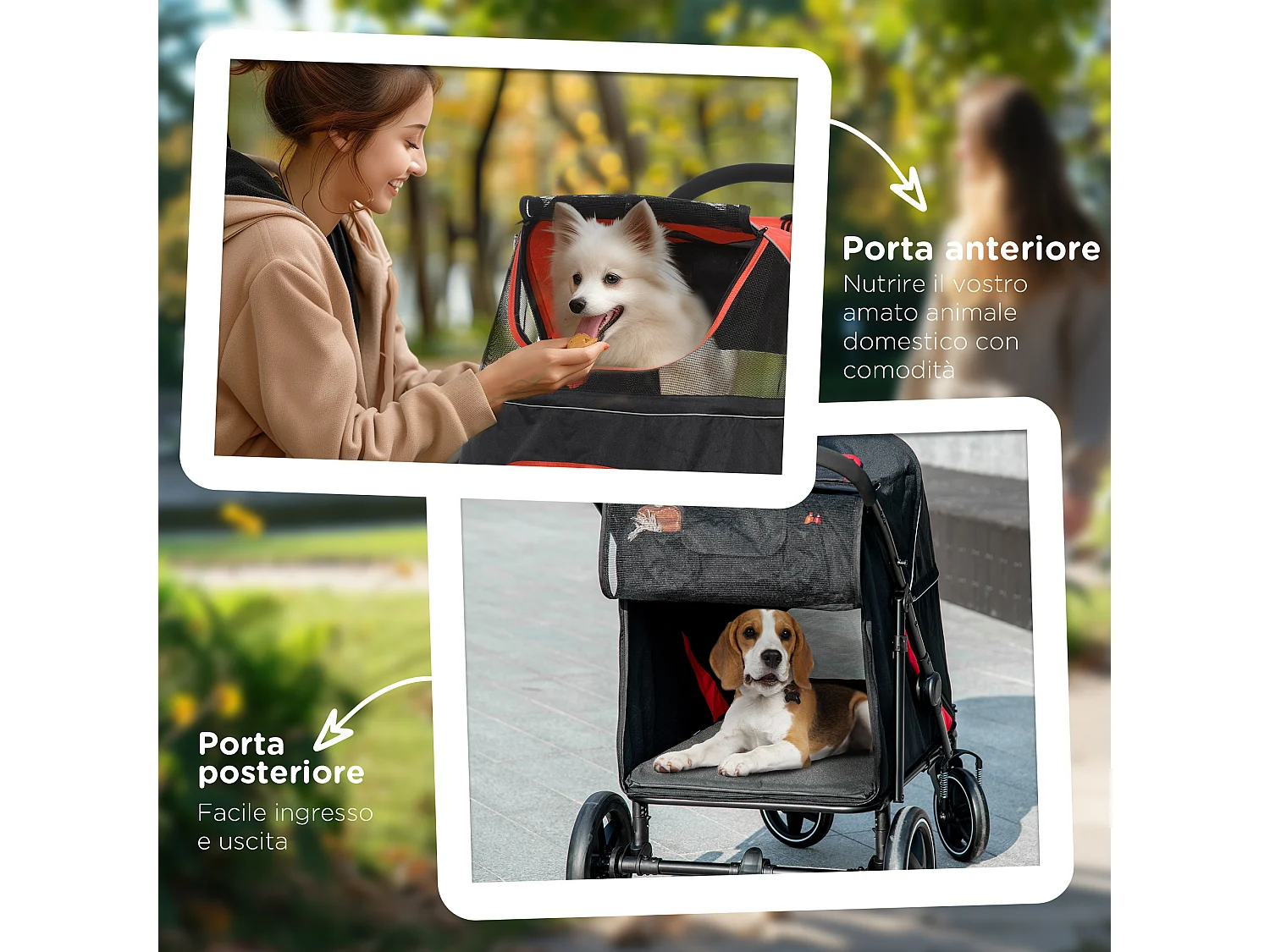 Passeggino per cani pieghevole con ingressi a cerniera rosso e nero