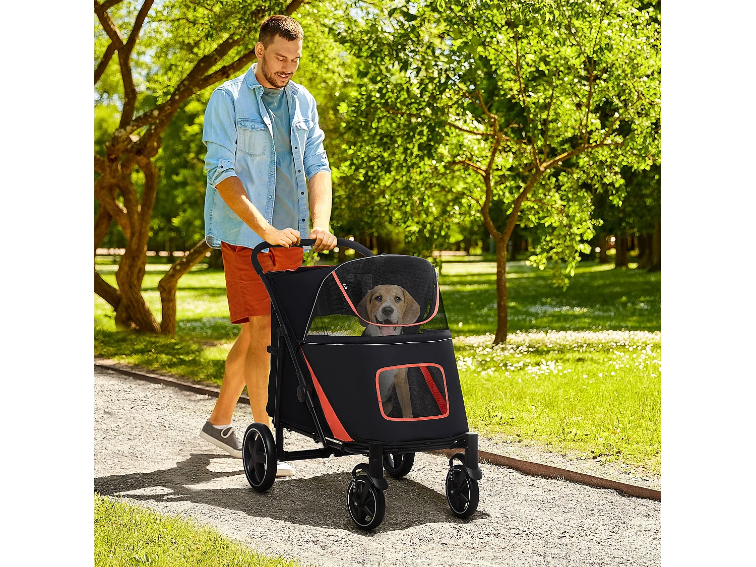 Passeggino per cani pieghevole con ingressi a cerniera rosso e nero