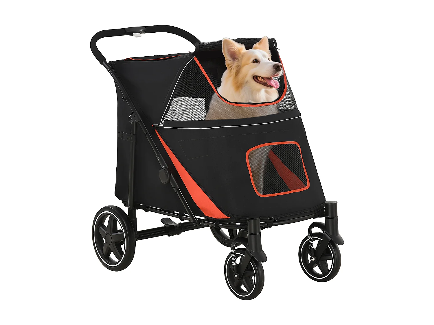 Passeggino per cani pieghevole con ingressi a cerniera rosso e nero