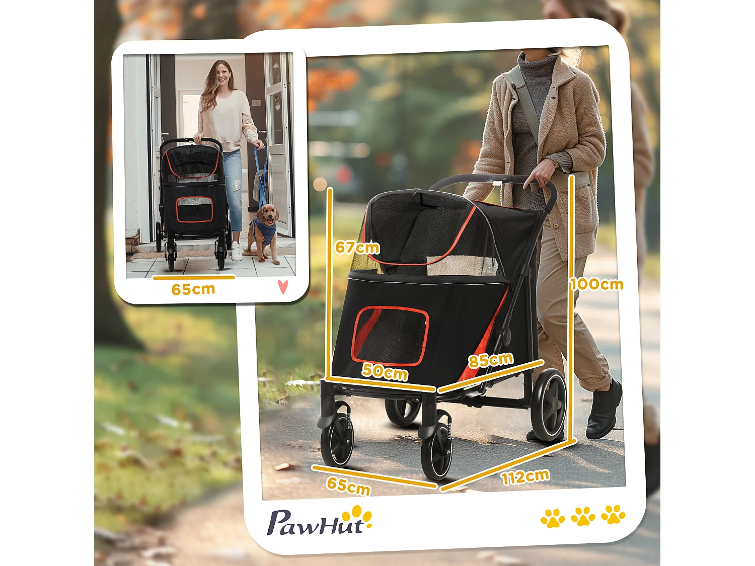 Passeggino per cani pieghevole con ingressi a cerniera rosso e nero