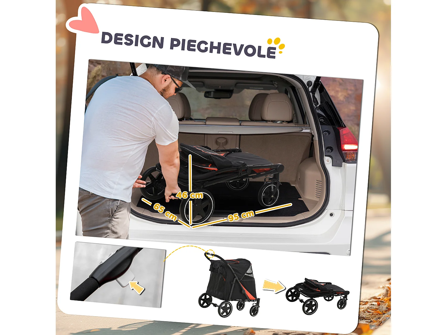 Passeggino per cani pieghevole con ingressi a cerniera rosso e nero