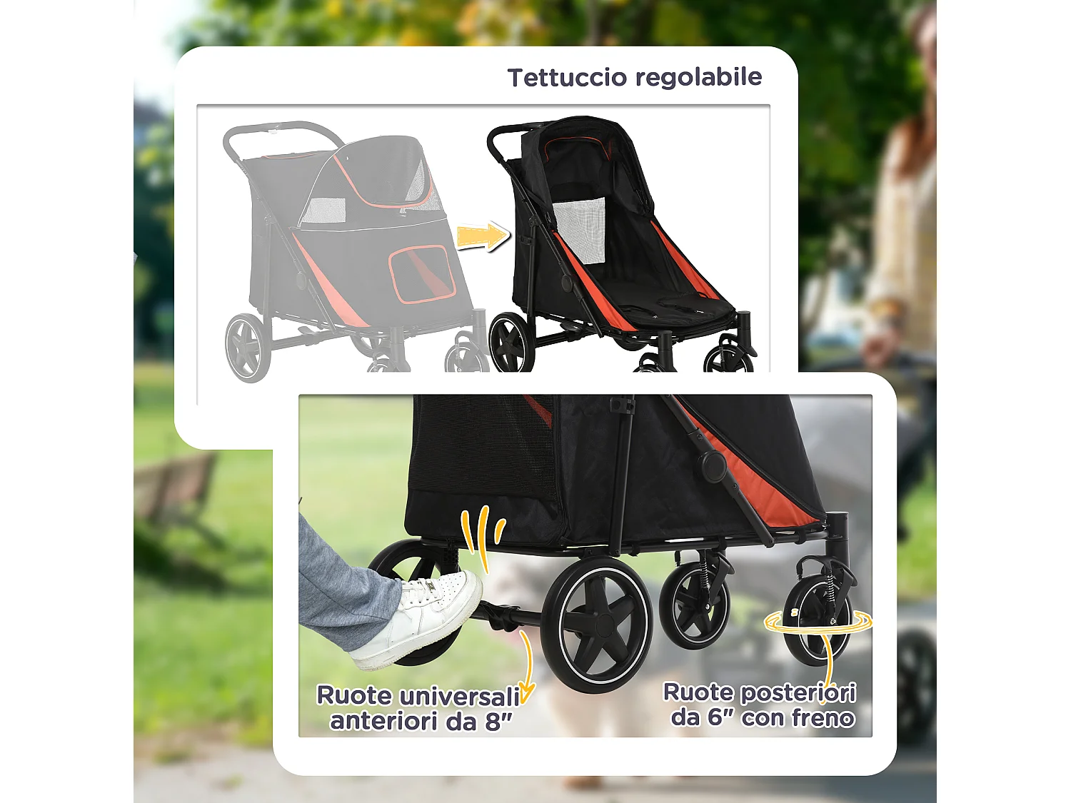 Passeggino per cani pieghevole con ingressi a cerniera rosso e nero