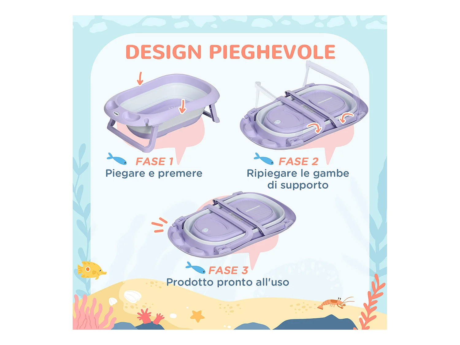 Vaschetta bagnetto pieghevole bambini 0-6 anni viola bianco