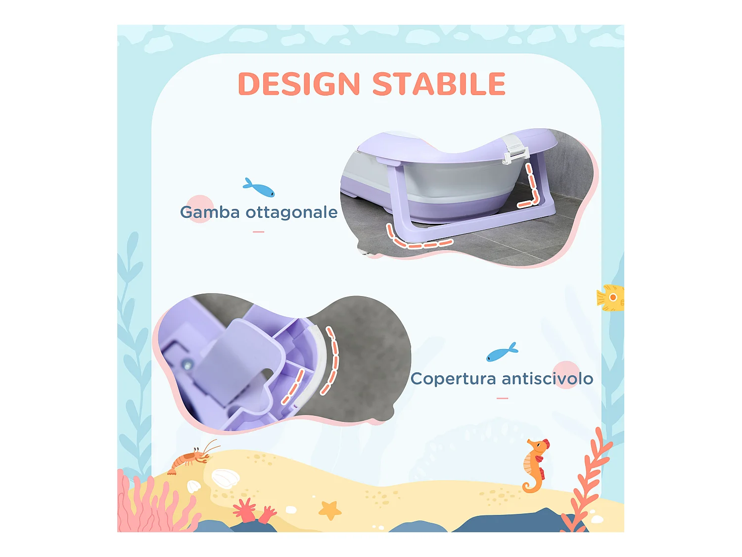 Vaschetta bagnetto pieghevole bambini 0-6 anni viola bianco