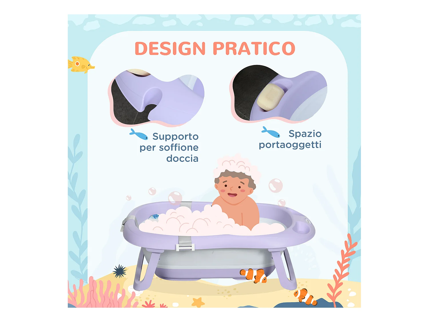 Vaschetta bagnetto pieghevole bambini 0-6 anni viola bianco