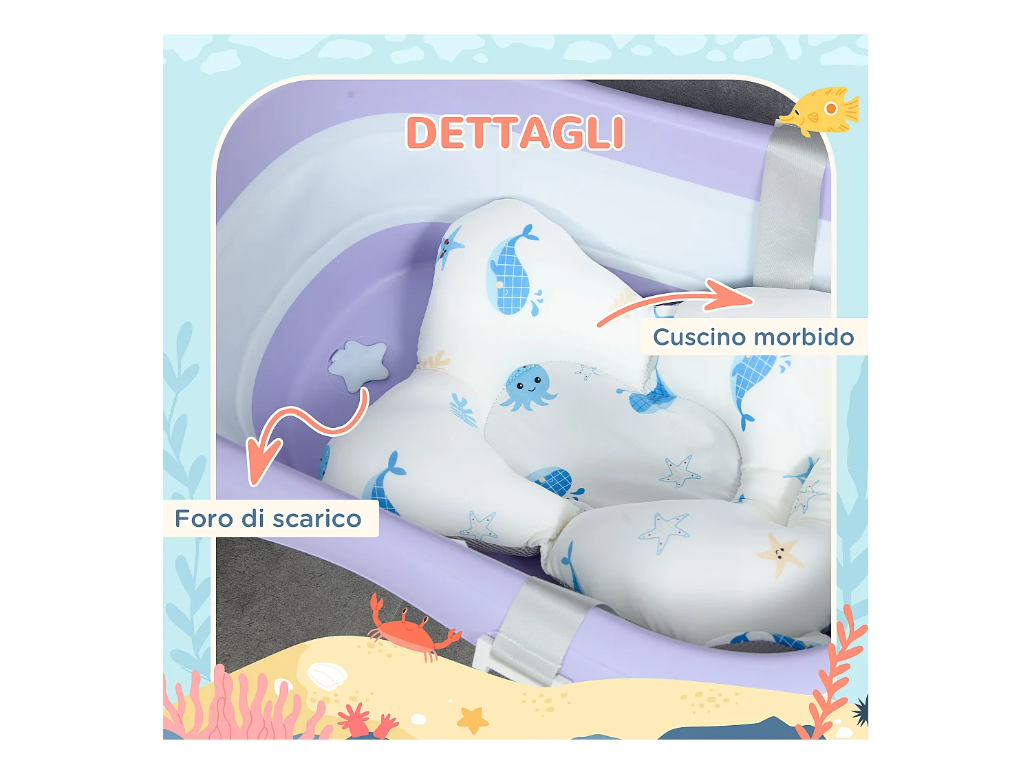 Vaschetta bagnetto pieghevole bambini 0-6 anni viola bianco