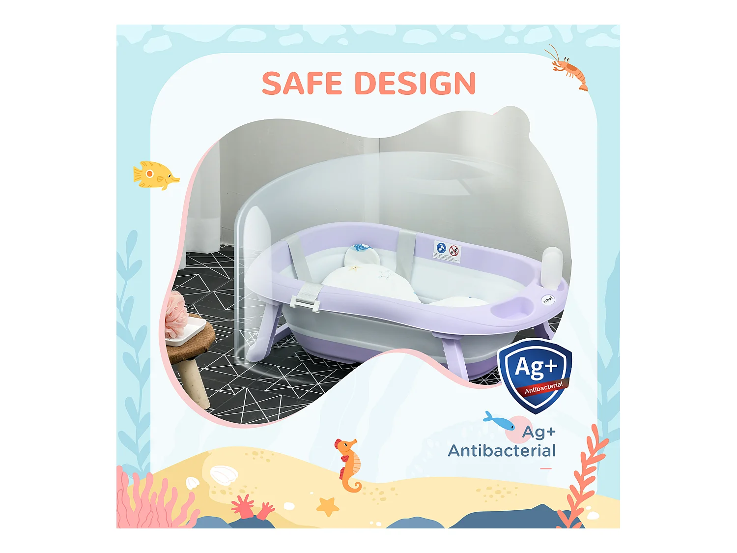 Vaschetta bagnetto pieghevole bambini 0-6 anni viola bianco