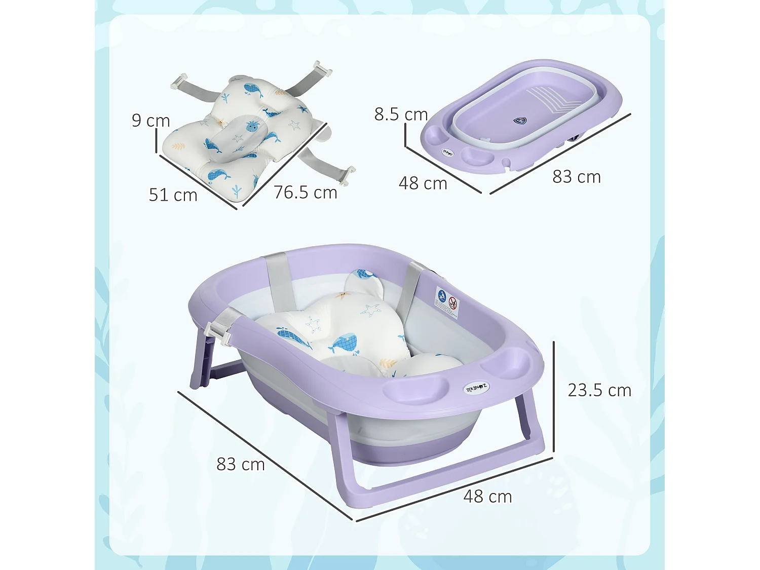 Vaschetta bagnetto pieghevole bambini 0-6 anni viola bianco