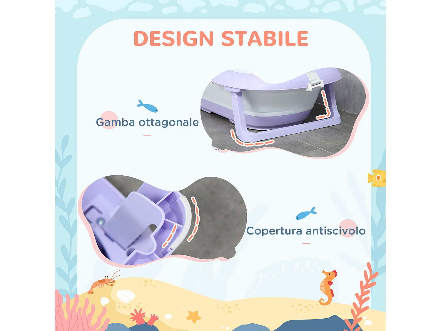 Vaschetta bagnetto pieghevole bambini 0-6 anni viola bianco