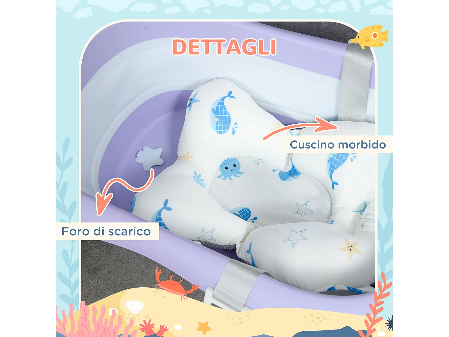 Vaschetta bagnetto pieghevole bambini 0-6 anni viola bianco