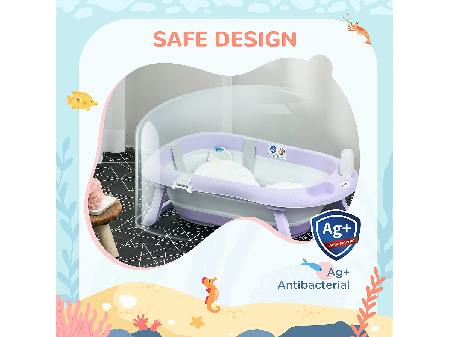 Vaschetta bagnetto pieghevole bambini 0-6 anni viola bianco