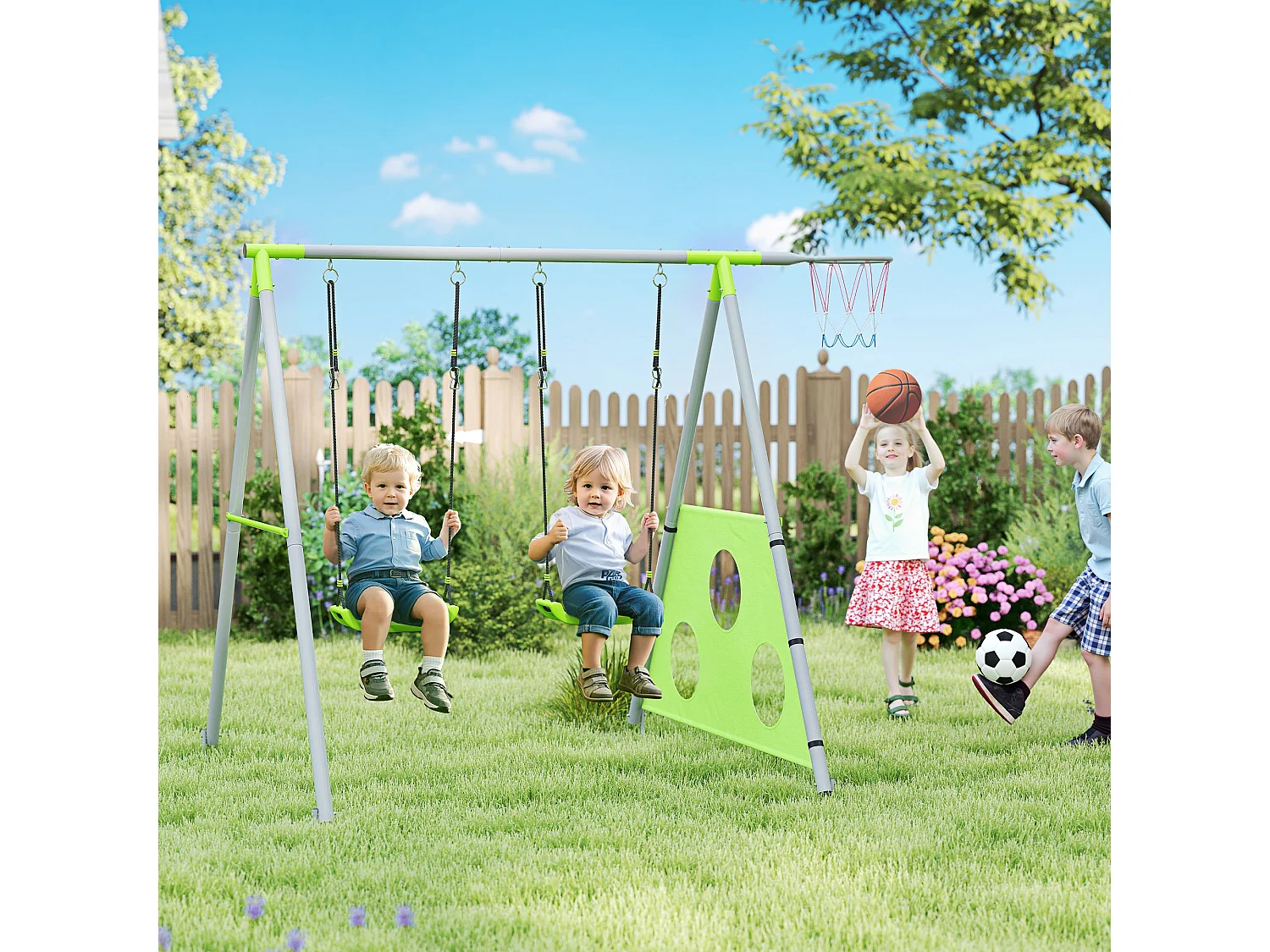 Gioco per bambini con 2 altalene, canestro e porta 238x180x182 cm