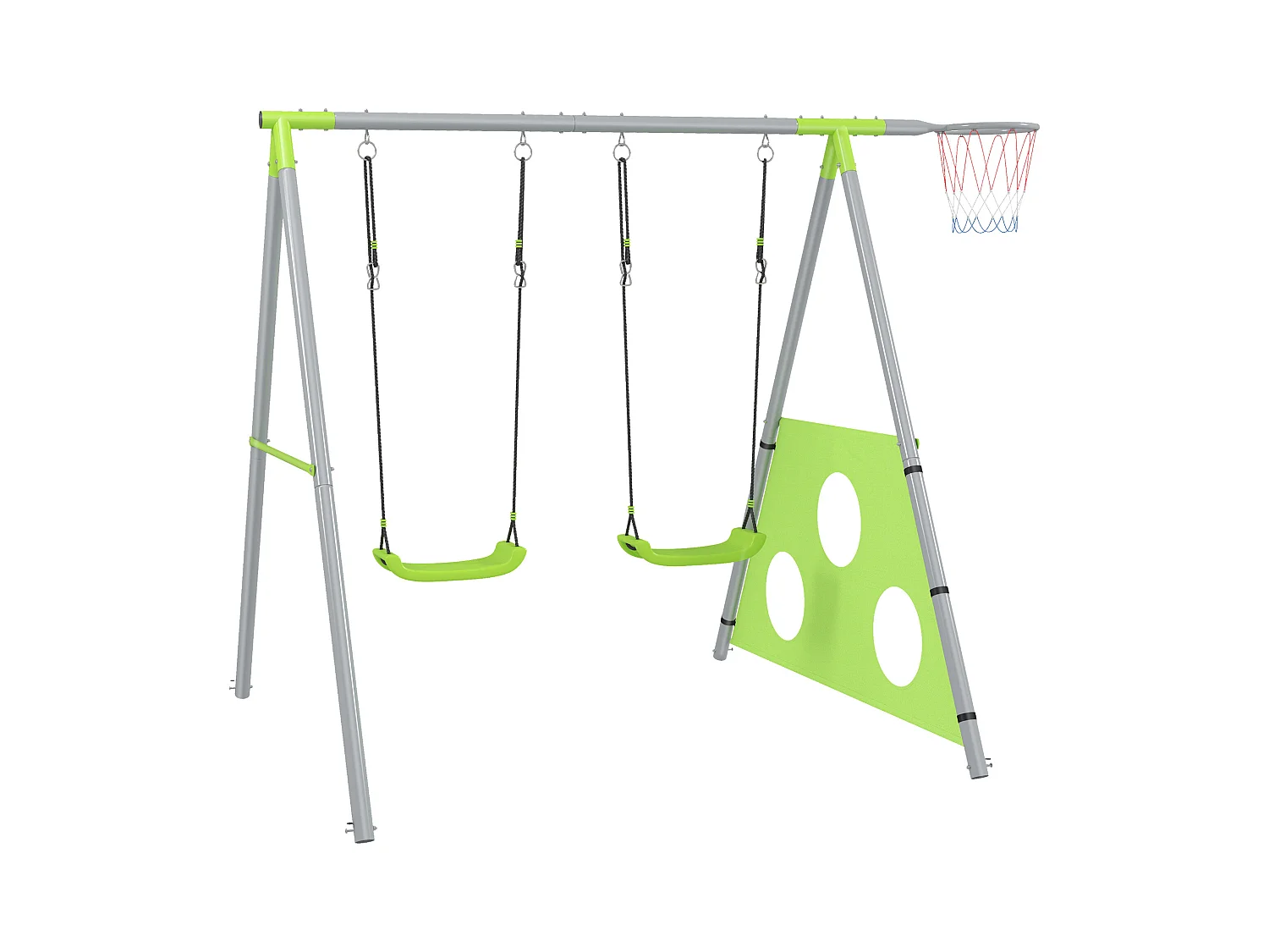 Gioco per bambini con 2 altalene, canestro e porta 238x180x182 cm
