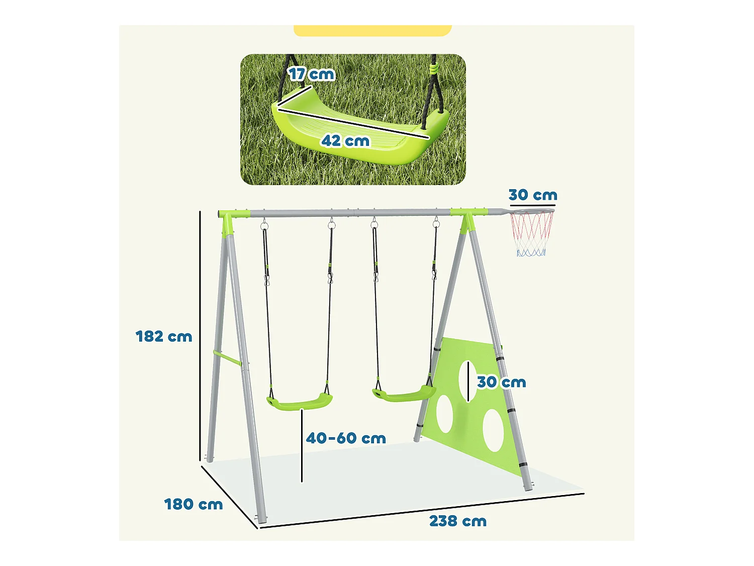 Gioco per bambini con 2 altalene, canestro e porta 238x180x182 cm