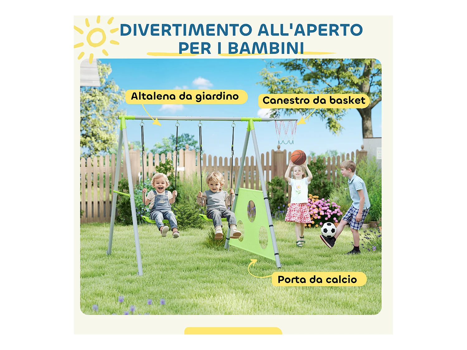Gioco per bambini con 2 altalene, canestro e porta 238x180x182 cm