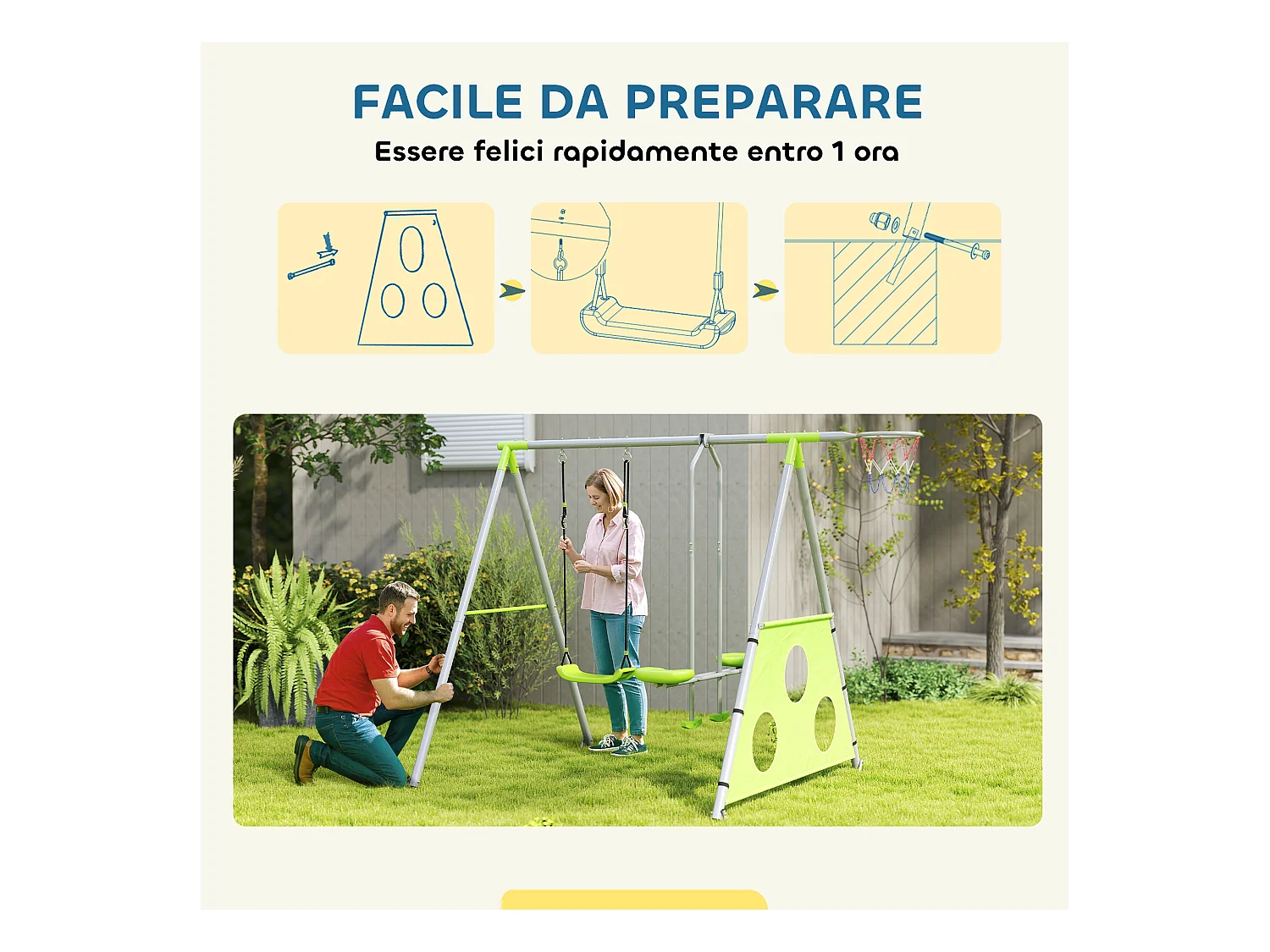 Gioco per bambini con 2 altalene, canestro e porta 238x180x182 cm
