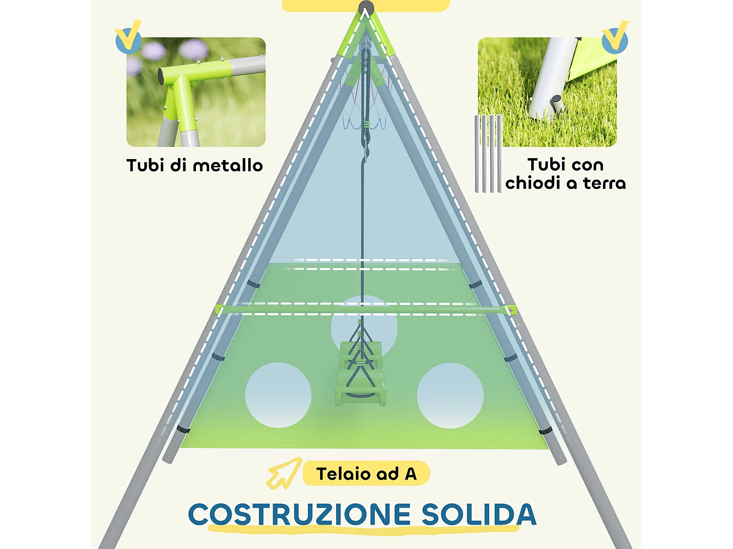 Gioco per bambini con 2 altalene, canestro e porta 238x180x182 cm
