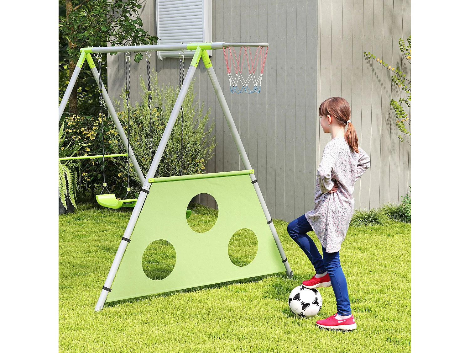 Gioco per bambini con 2 altalene, canestro e porta 238x180x182 cm