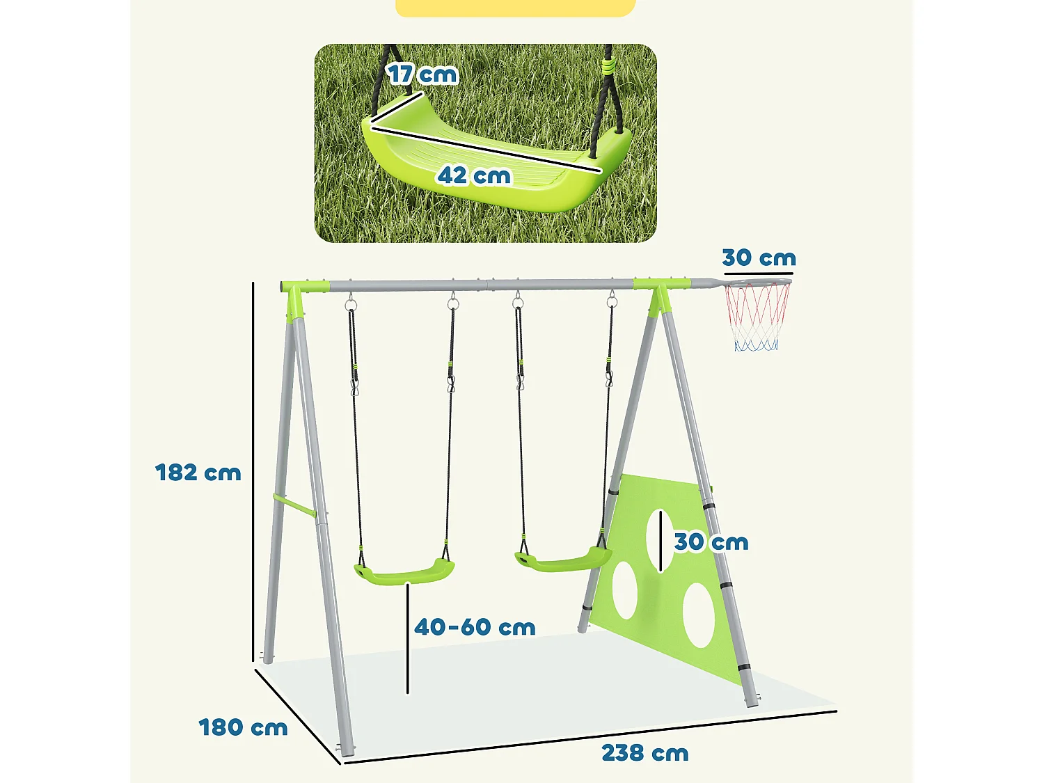Gioco per bambini con 2 altalene, canestro e porta 238x180x182 cm