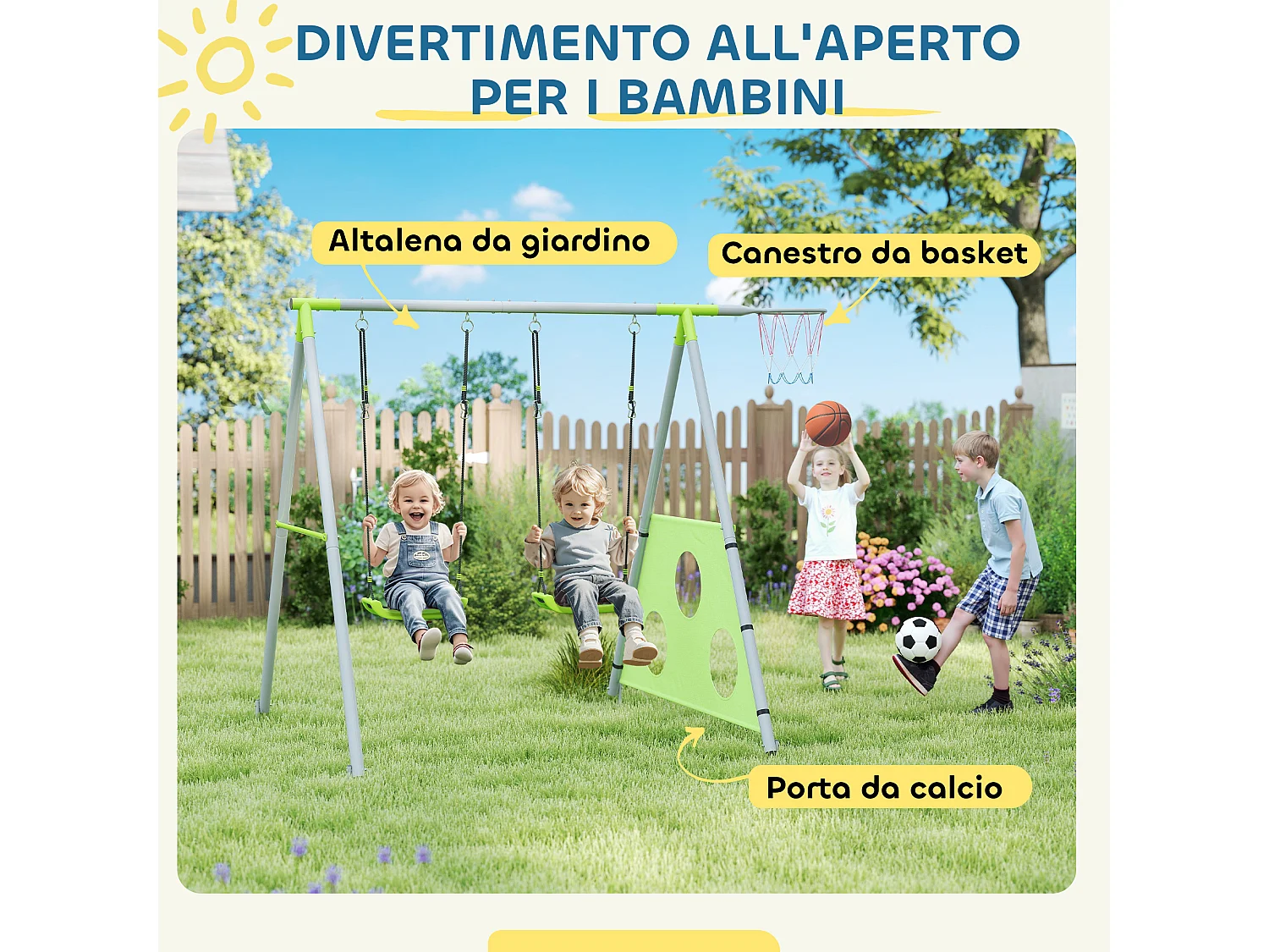 Gioco per bambini con 2 altalene, canestro e porta 238x180x182 cm