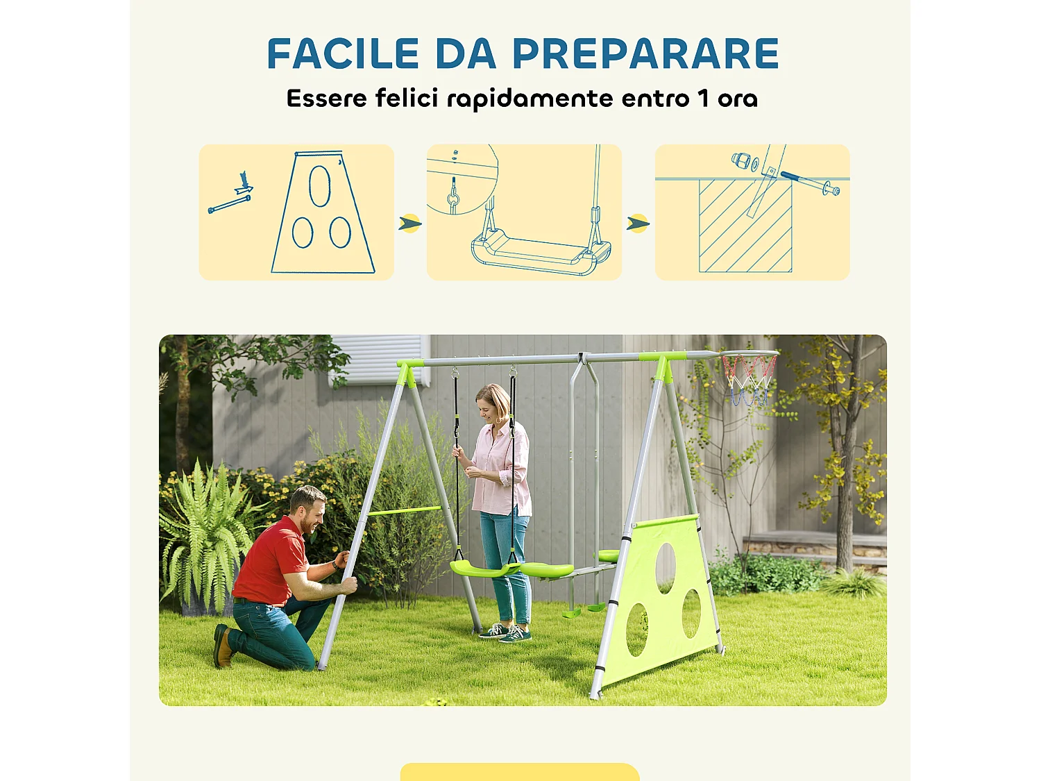 Gioco per bambini con 2 altalene, canestro e porta 238x180x182 cm