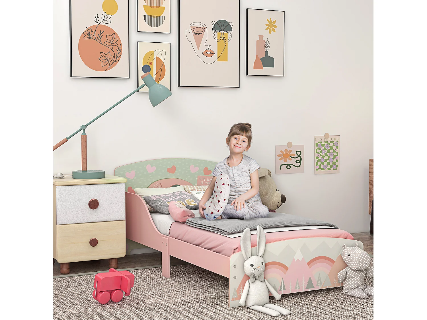 Letto per bambini da 3-6 anni con doghe e bordi rialzati rosa