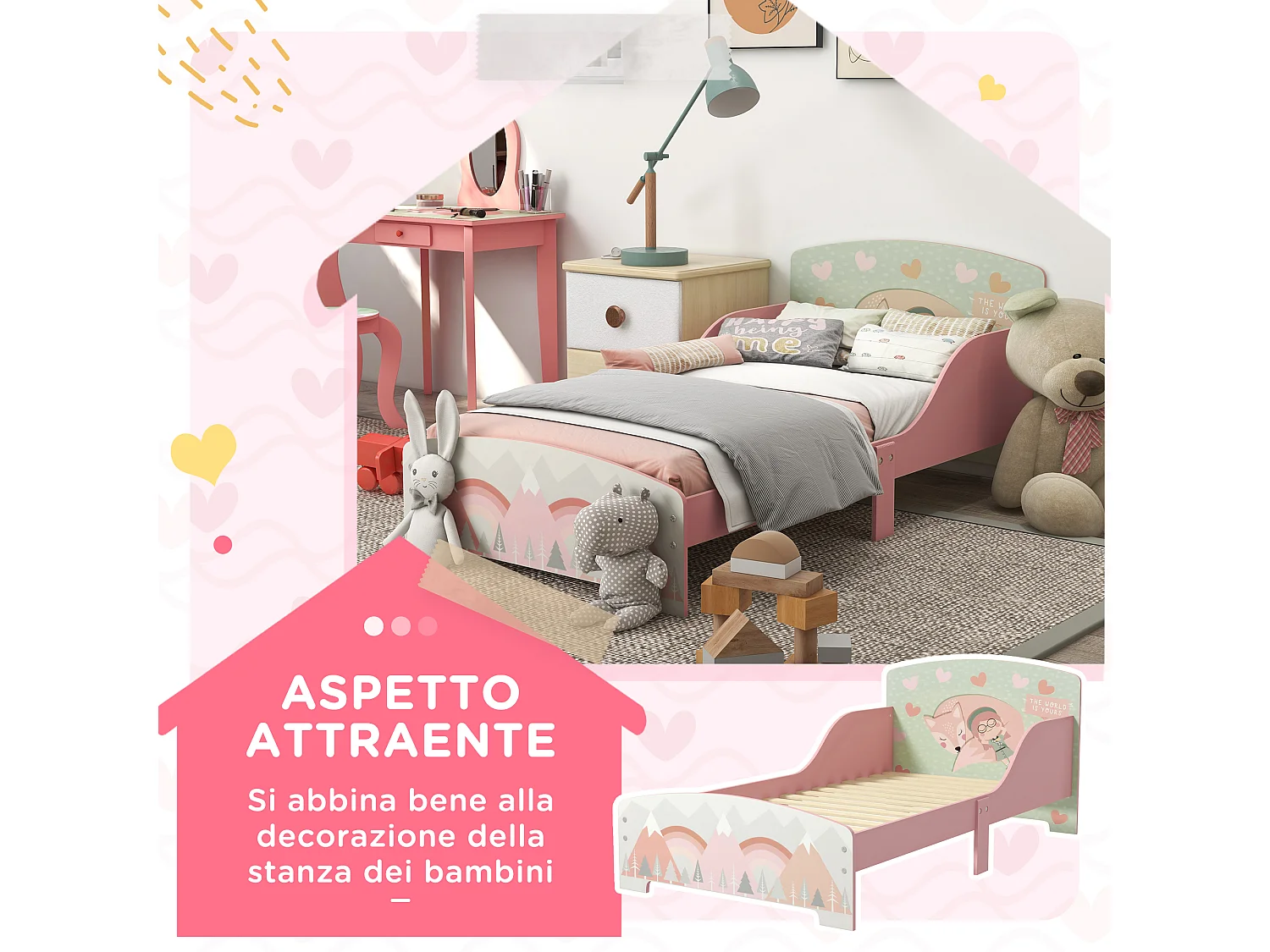 Letto per bambini da 3-6 anni con doghe e bordi rialzati rosa