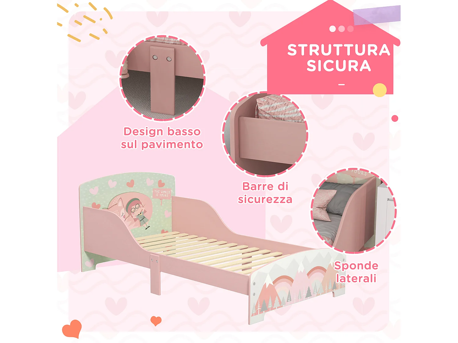 Letto per bambini da 3-6 anni con doghe e bordi rialzati rosa