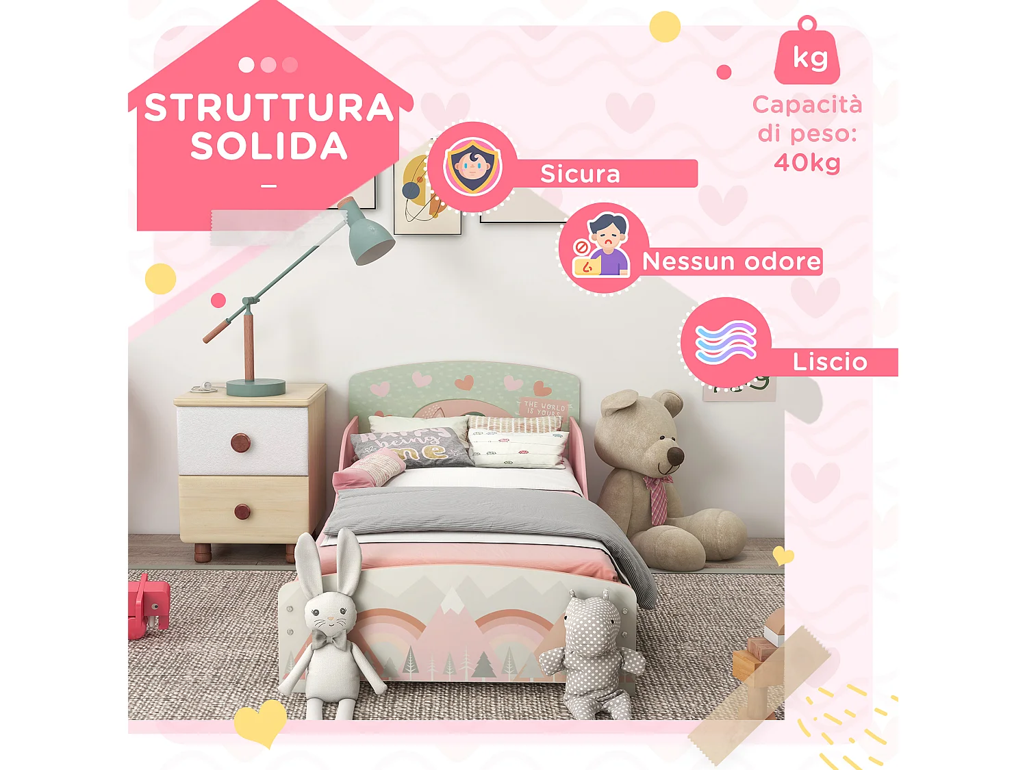 Letto per bambini da 3-6 anni con doghe e bordi rialzati rosa