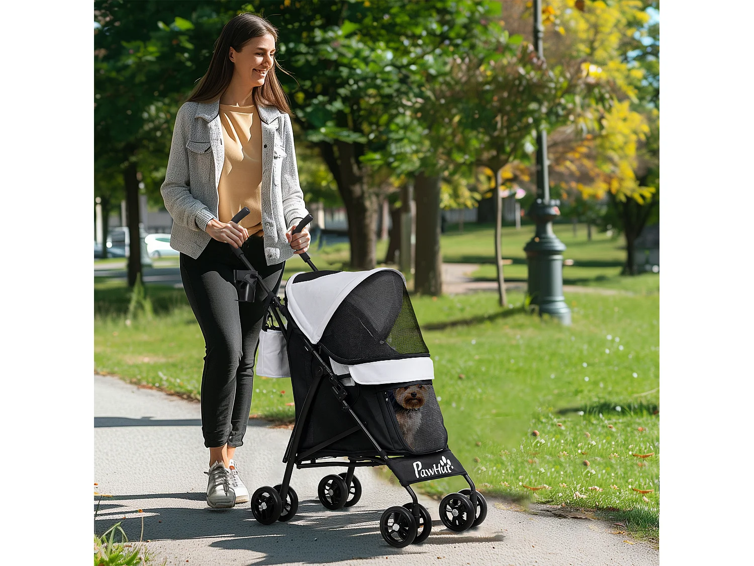 Passeggino per cani con 2 finestre a rete e guinzagli nero grigio chiaro