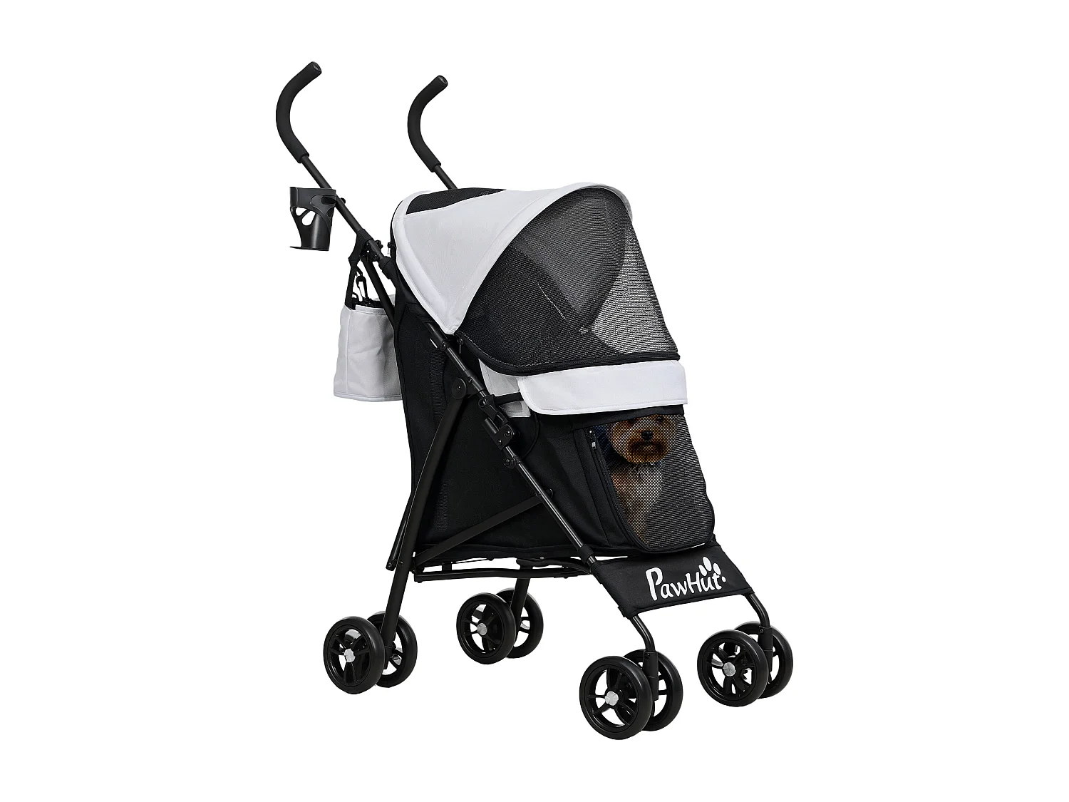 Passeggino per cani con 2 finestre a rete e guinzagli nero grigio chiaro