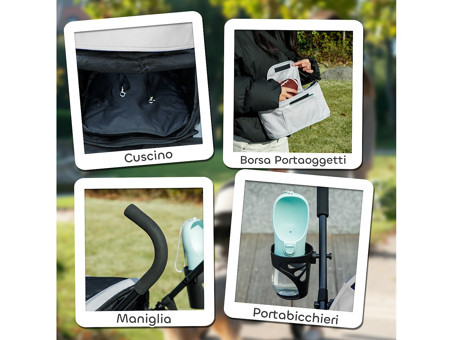 Passeggino per cani con 2 finestre a rete e guinzagli nero grigio chiaro