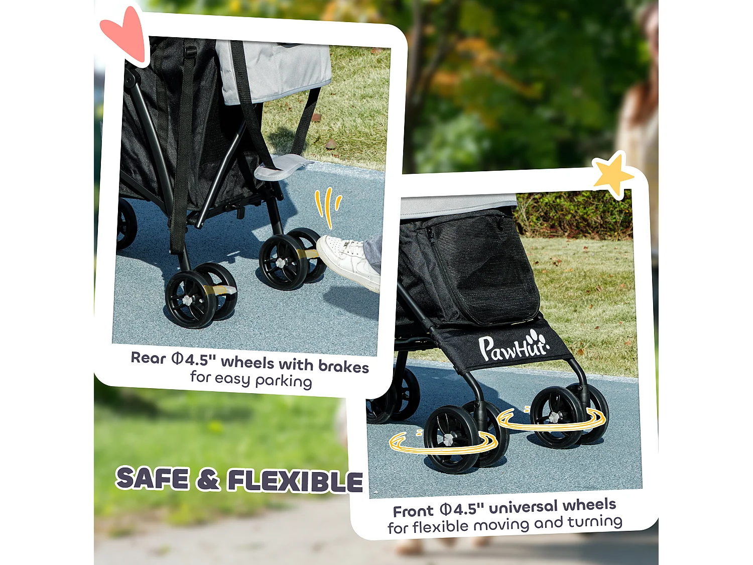 Passeggino per cani con 2 finestre a rete e guinzagli nero grigio chiaro