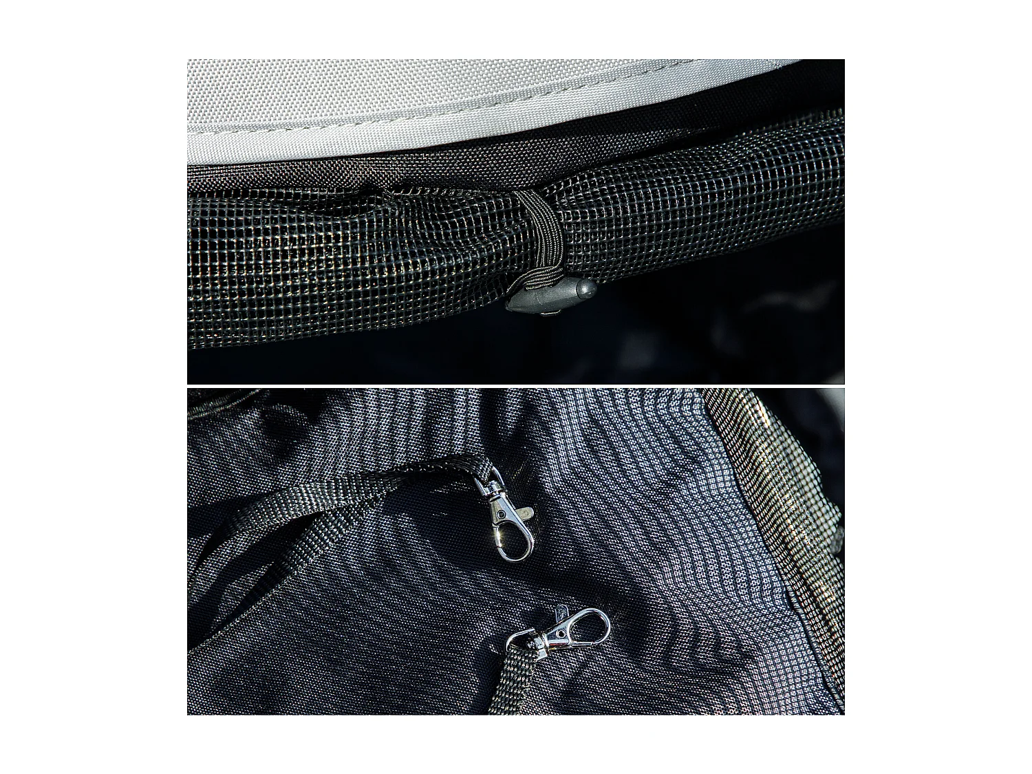 Passeggino per cani con 2 finestre a rete e guinzagli nero grigio chiaro