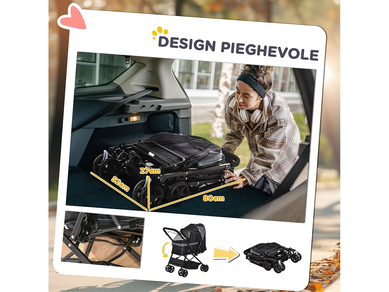 Passeggino per cani pieghevole con maniglione girevole e ruote in eva