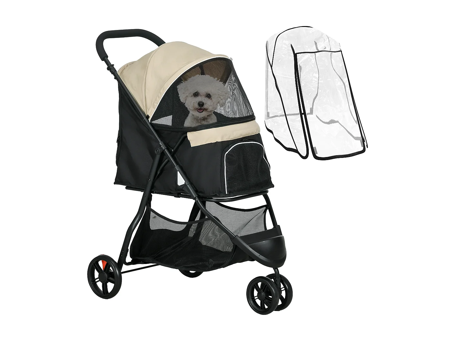 Passeggino cani pieghevole 3 ruote con copertura antipioggia khaki