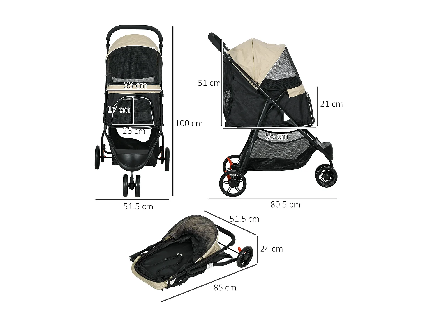 Passeggino cani pieghevole 3 ruote con copertura antipioggia khaki